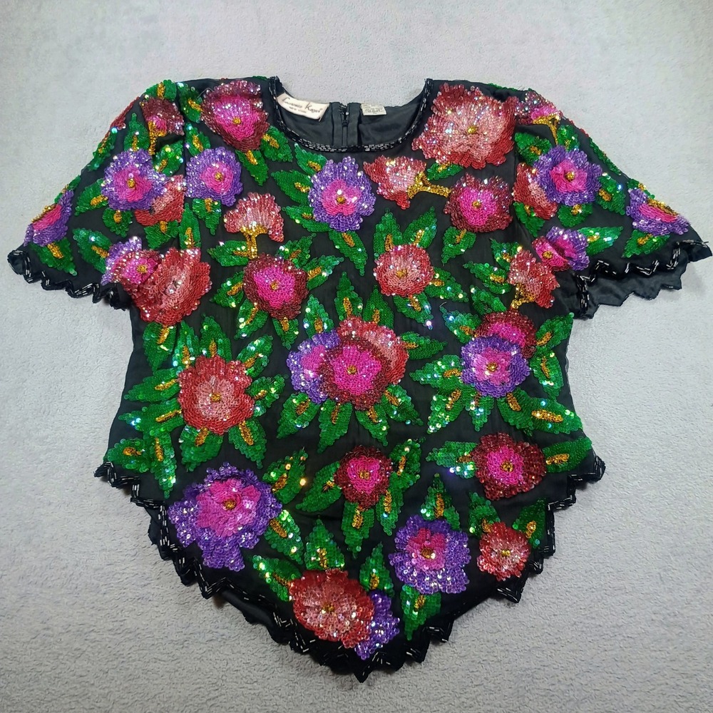 Laurence Kazar Women Floral Beaded Sequin Silk Top Black XL Vintage 90s Glam
